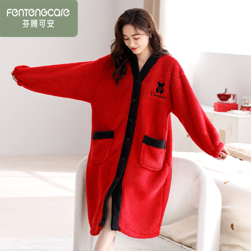 芬腾可安少女珊瑚绒睡裙女加绒加厚冬天女本命年睡袍女款晨袍睡衣