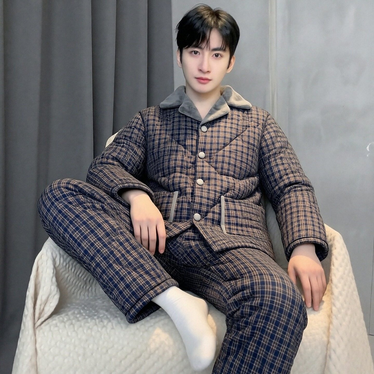 芬腾可安冬季男士纯棉三层夹棉睡衣梭织男款棉袄特厚保暖家居服装,女士内衣/男士内衣/家居服,睡衣/家居服套装,淘宝优惠券,粉丝福利购,淘宝优惠卷