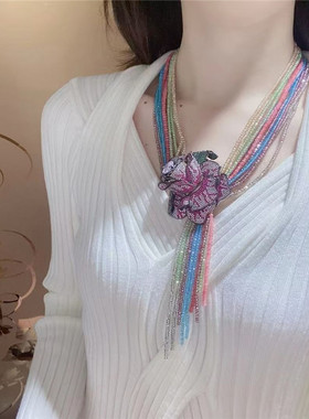 多层彩色水晶花朵流苏毛衣链女