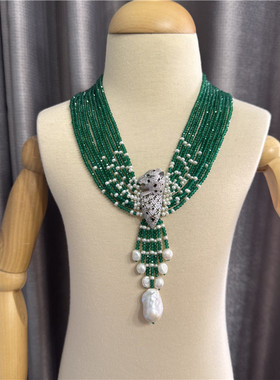 天然绿玉髓镶嵌珍珠项链豪华首饰