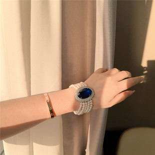 欧美夸张多层天然淡水珍珠手链蓝色锆石轻奢名媛手串高贵大气手饰
