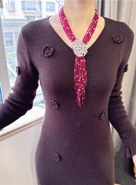 毛衣链女玫红首饰轻奢多层红宝玉