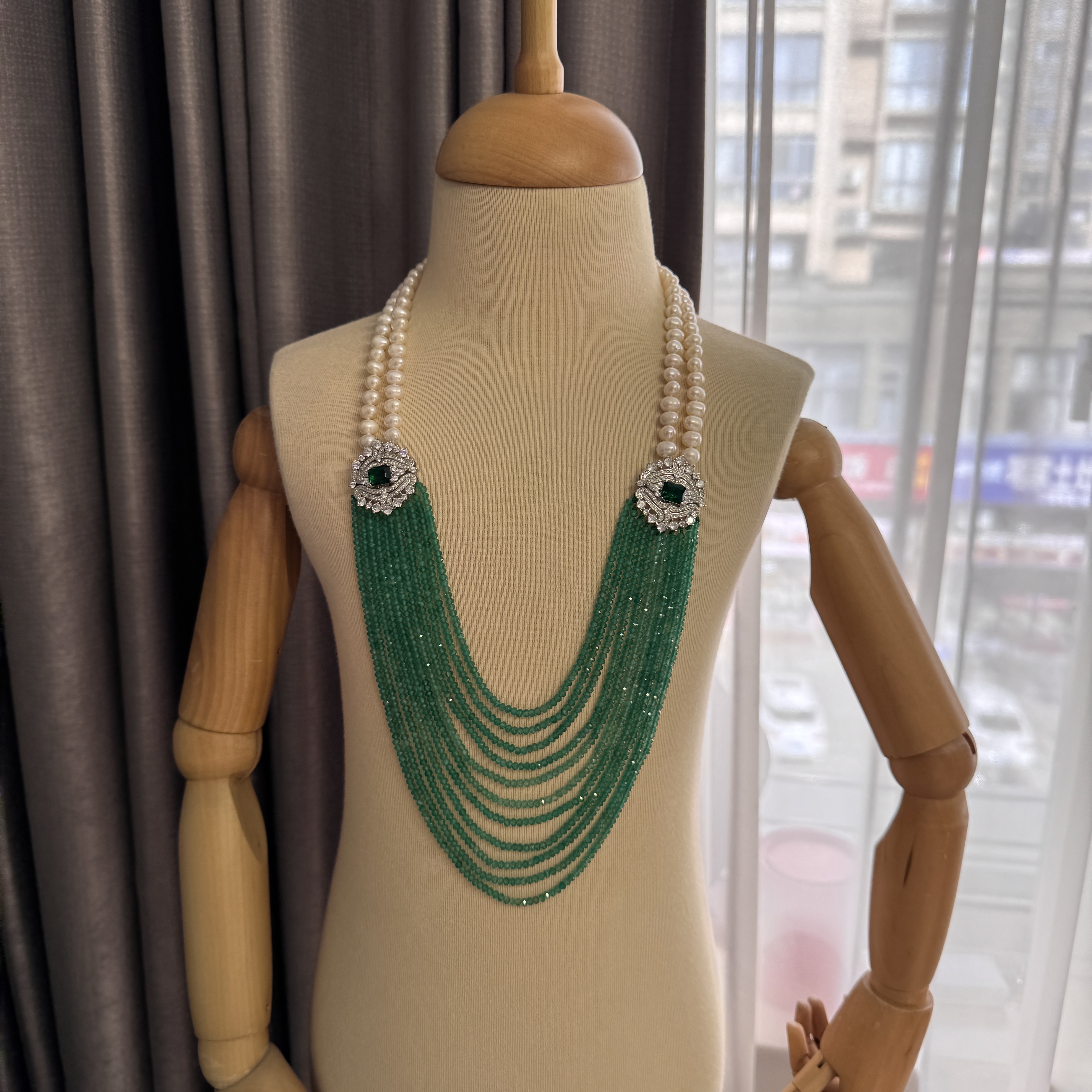 天然淡水珍珠绿玉髓多层毛衣链女