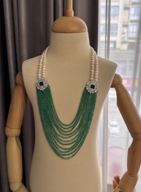 天然淡水珍珠绿玉髓多层毛衣链女