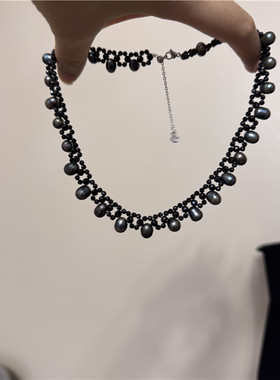 天然珍珠镶嵌黑尖晶石时尚项链女