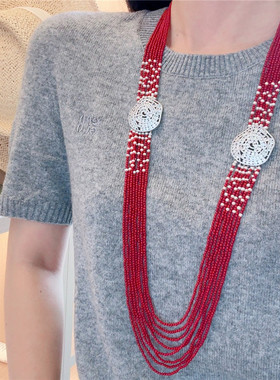 红色多层流苏珍珠长款毛衣链轻奢