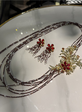毛衣链女长款首饰高贵套装石榴石