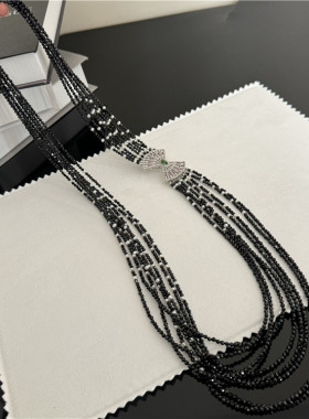黑尖晶石毛衣链女多层首饰女高贵