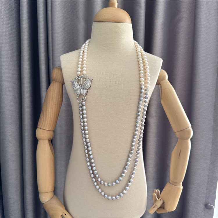 天然珍珠双层白灰色长款毛衣链女