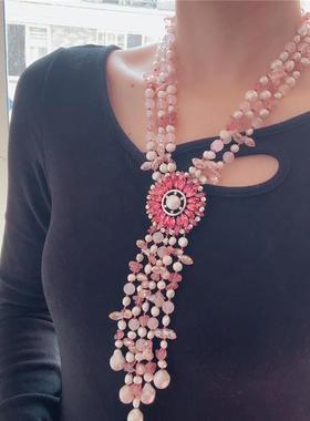 首饰豪华毛衣链女粉色多层巴洛克