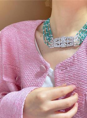 蓝色首饰轻奢项链女多层珍珠松石