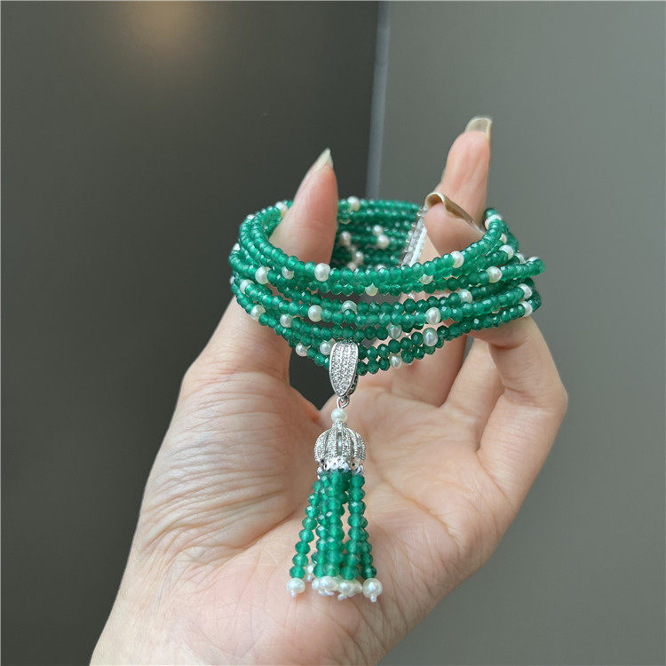 新款天然淡水珍珠绿玛瑙手链小众设计多层时尚气质手饰女轻奢百搭