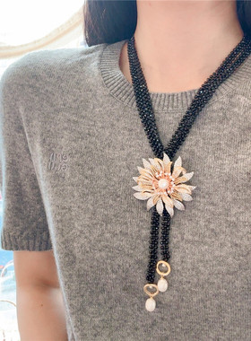 黑尖晶石珍珠手工复古长款毛衣链