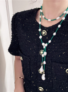 异形珍珠长项链女绿色首饰女百搭