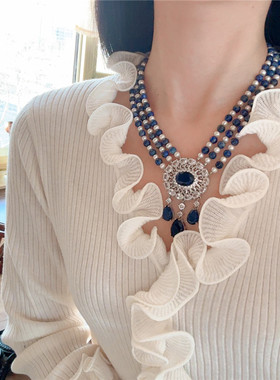 轻奢青金石淡水珍珠多层锁骨链女