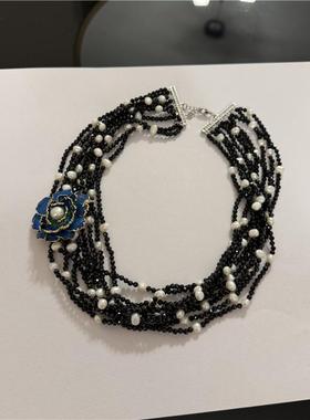 黑尖晶石镶嵌珍珠多层项链豪华女