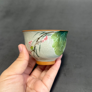 单杯复古大茶盏 哥窑冰裂手绘荷花大茶杯釉下彩陶瓷家用主人杯中式