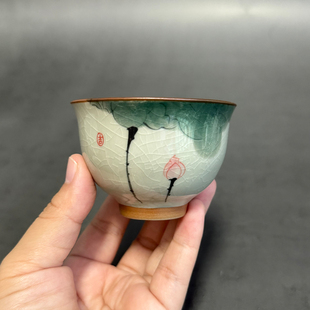单杯复古品茗杯 哥窑冰裂手绘荷花大茶杯釉下彩陶瓷家用主人杯中式