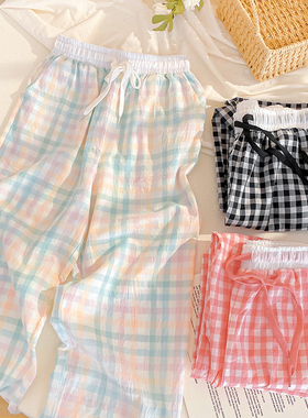 纯棉水洗棉纱布格子长裤睡裤女春夏秋薄款透气阔腿裤外穿居家长裤