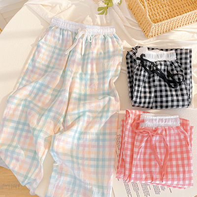 可外穿格子裤水洗棉纱布睡裤女款