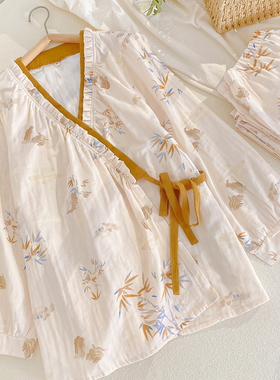 纯棉双层纱布睡衣女春秋系带浴袍和服全棉麻长袖套装可外穿家居服