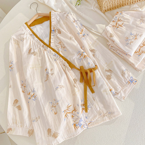 国风纯棉双层纱布睡衣女和服套装