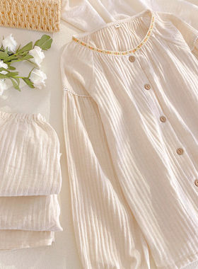 棉麻透气纯色睡衣女士2026新款春秋家居服长袖开衫亚麻可外穿套装