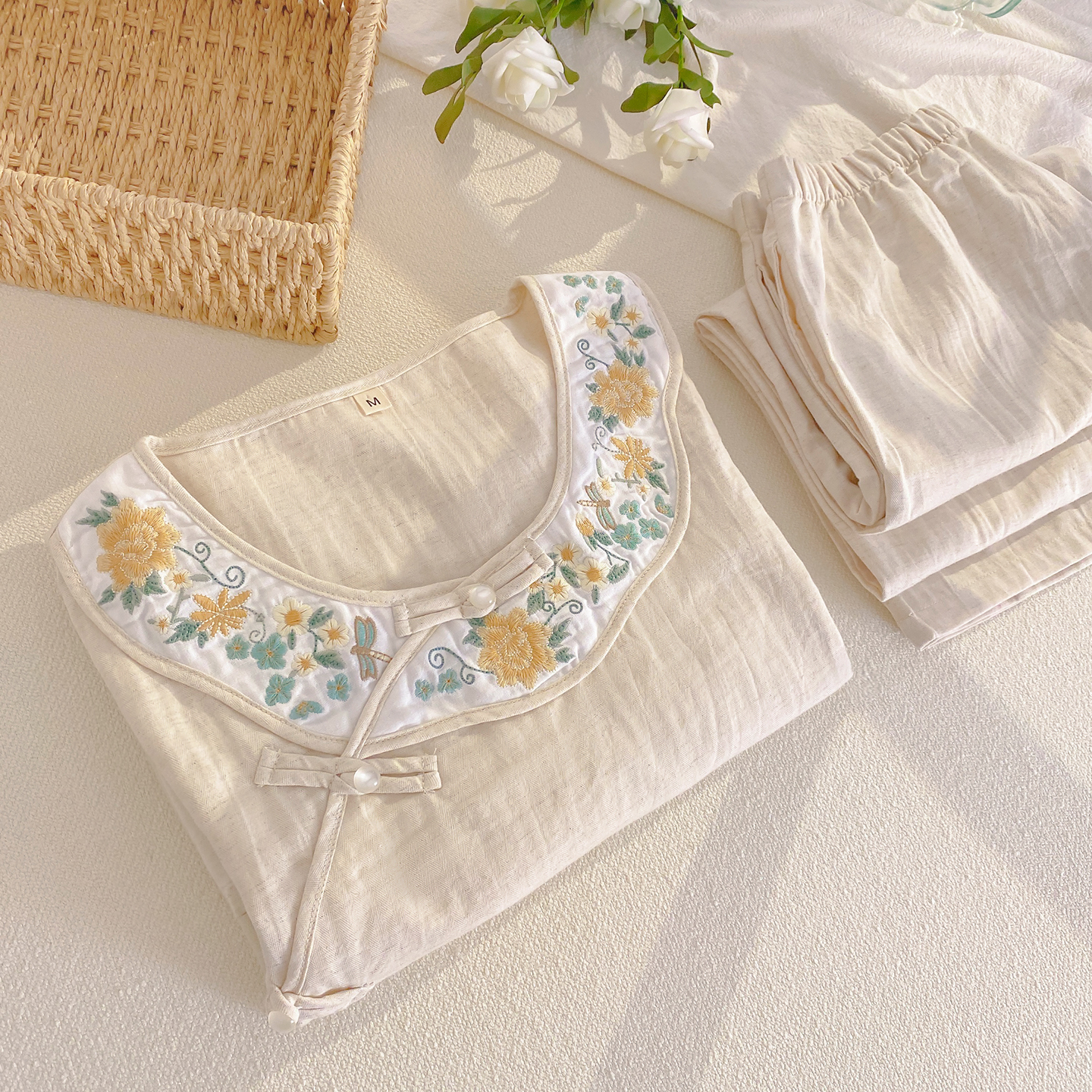 棉麻睡衣女款复古春秋家居服套装