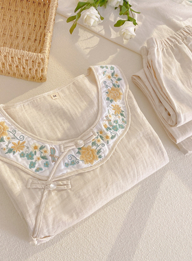 棉麻复古睡衣女春秋长袖套装中式国风刺绣透气双层纱布亚麻家居服