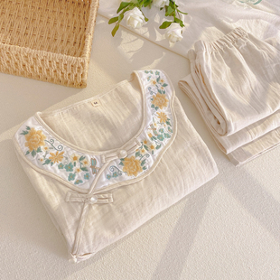 棉麻复古睡衣女春秋长袖套装中式国风刺绣透气双层纱布亚麻家居服