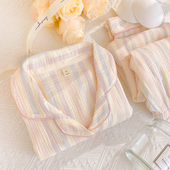 双层纱布睡衣女款 条纹可外穿棉纱套装 纯棉春秋季 带胸垫家居服长袖