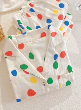 纯棉睡衣女春秋长袖长裤可外穿多巴胺波点全棉双层纱布家居服套装