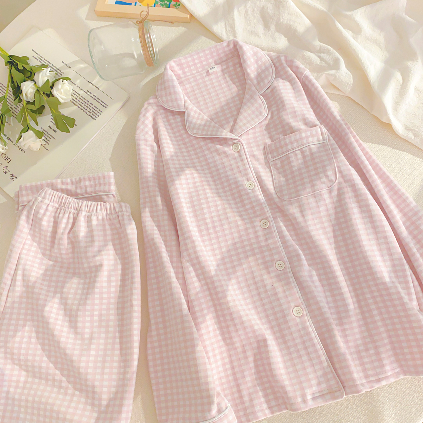 格子德绒睡衣女薄绒布磨毛家居服