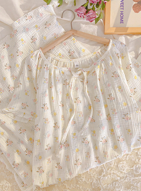 夏季小碎花棉纱睡裙薄款透气田园风纯棉纱布睡衣女胖MM短袖家居裙