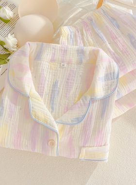 春秋新款带胸垫纯棉双层纱睡衣女柔软棉纱布家居服可外穿长袖套装