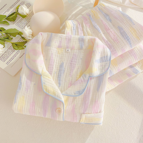 带胸垫睡衣纯棉纱春秋长袖家居服