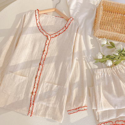 天丝棉麻睡衣女款长袖家居服套装