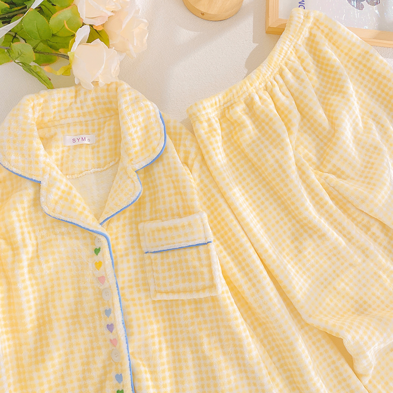 日系格子睡衣女法兰绒宽松家居服