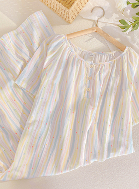 夏季薄款短袖睡裙甜美纯棉睡衣女款圆领套头宽松中长款裙子家居服