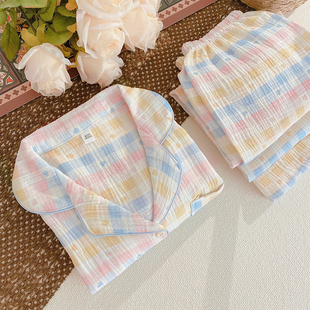 纯棉睡衣女款泡泡棉纱春秋长袖可外穿套装格子双层纱布大码家居服