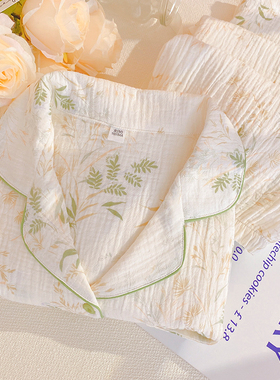 双层纱布睡衣女春秋款田园风纯棉家居服棉纱长袖长裤开衫棉麻套装