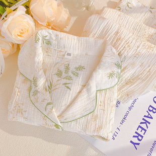 棉麻套装 双层纱布睡衣女春秋款 开衫 长裤 田园风纯棉家居服棉纱长袖