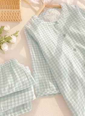 春夏秋格子纯棉纱布睡衣套装女七分袖九分裤圆领开衫家居服可外穿