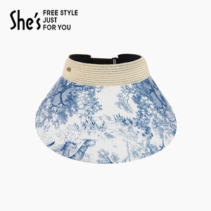 shes茜子植物印花空顶帽女防晒遮阳帽大檐出游太阳帽可折叠帽子