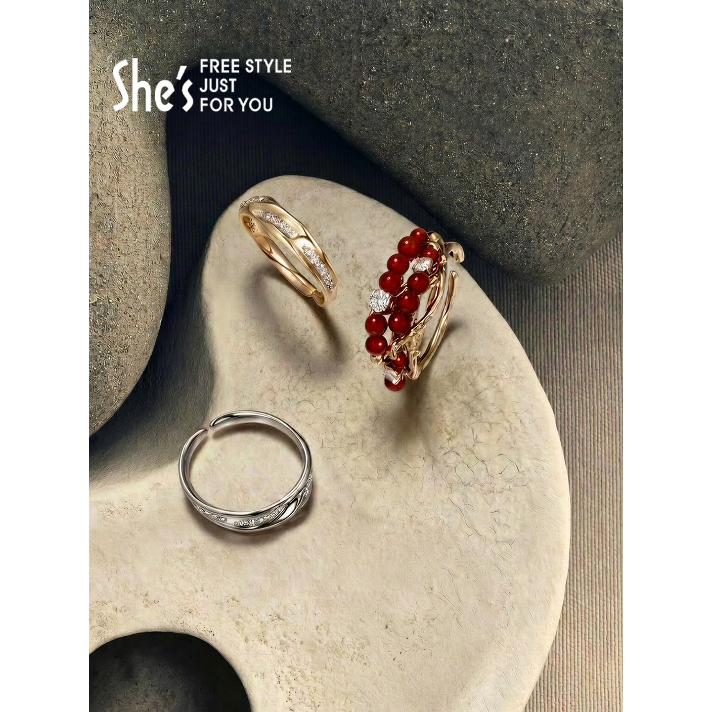 shes茜子经典延续耀我宣言轻奢珠宝感玛瑙合成立方氧化锆戒指指环