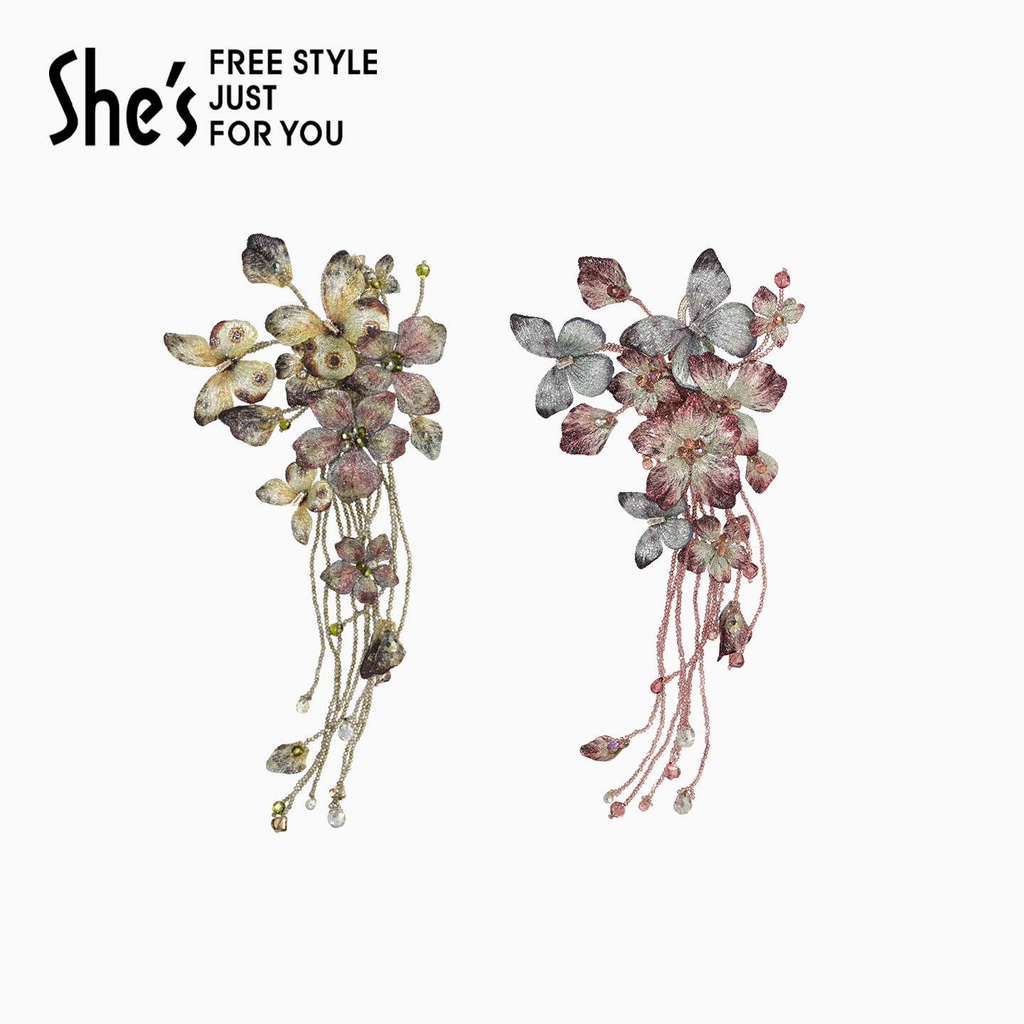 shes茜子重工刺绣花朵流苏胸针