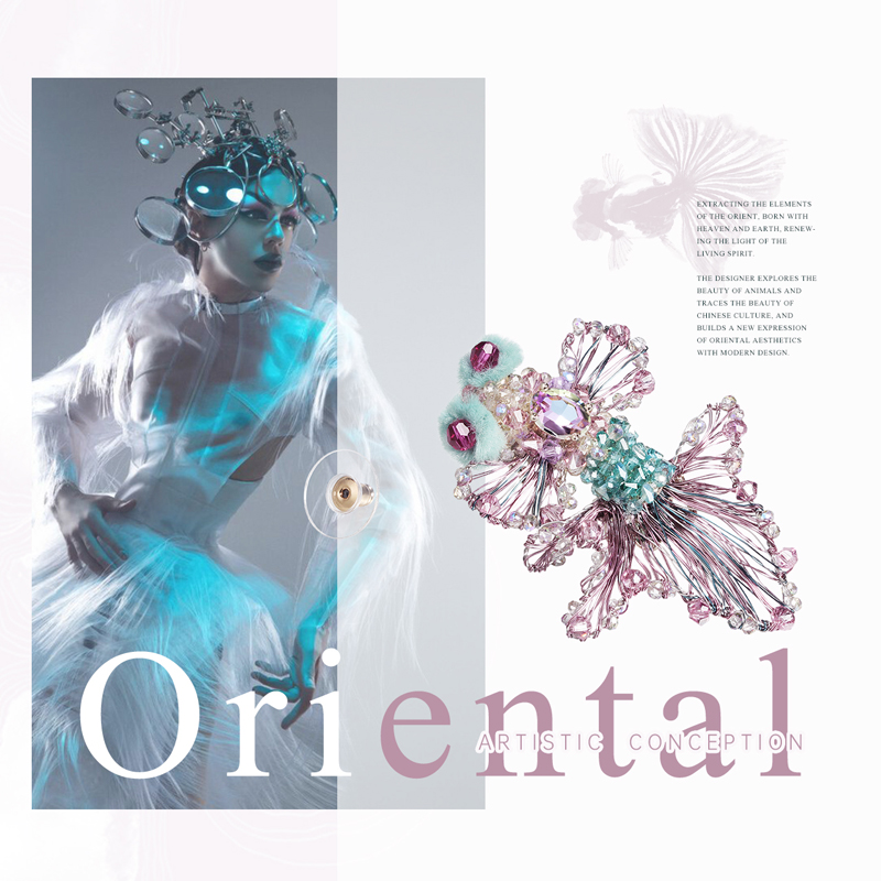 shes茜子意境东方艺术编织金鱼耳环轻奢925银针耳钉单边耳饰品