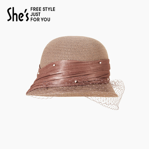 shes茜子卢梭假日草编浪漫网纱卷边休闲遮阳帽夏季防晒渔夫帽子