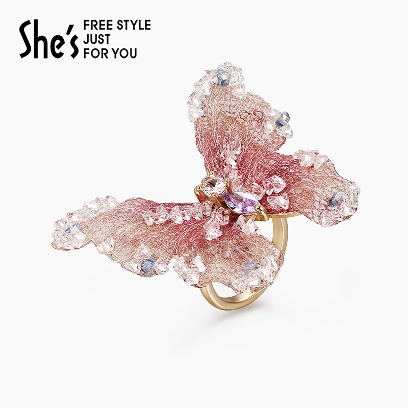 shes茜子莫奈印象轻奢原创刺绣蝴蝶戒指女小众设计感开口指环手饰