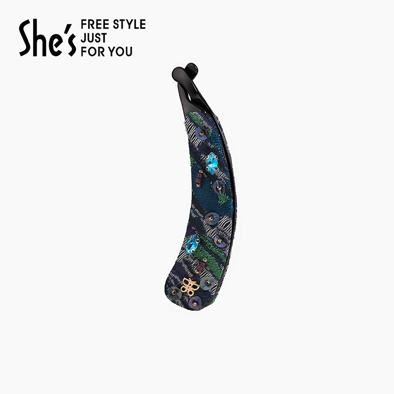 shes茜子摩登珠片时尚撞色提花手工钉珠香蕉夹竖夹马尾夹发夹发饰